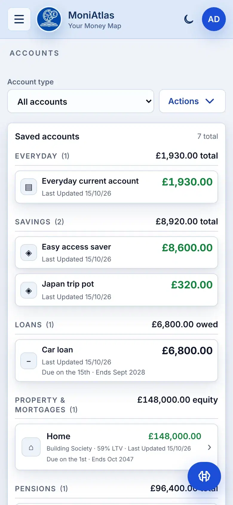 The Accounts page grouped into Everyday, Savings, Loans, Property and mortgages, Pensions and Investments, each account with its balance.