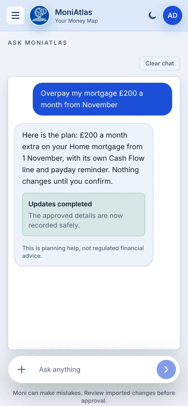 The same Ask Moni conversation after tapping Confirm: the proposal card now reads 'Updates completed' and the overpayment is set up.