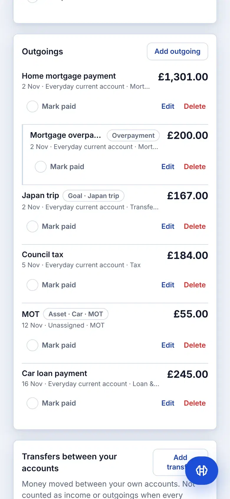 Cash Flow for November: income, outgoings and what is left, with the mortgage overpayment, the Japan trip goal transfer and the car's MOT each on their own line.