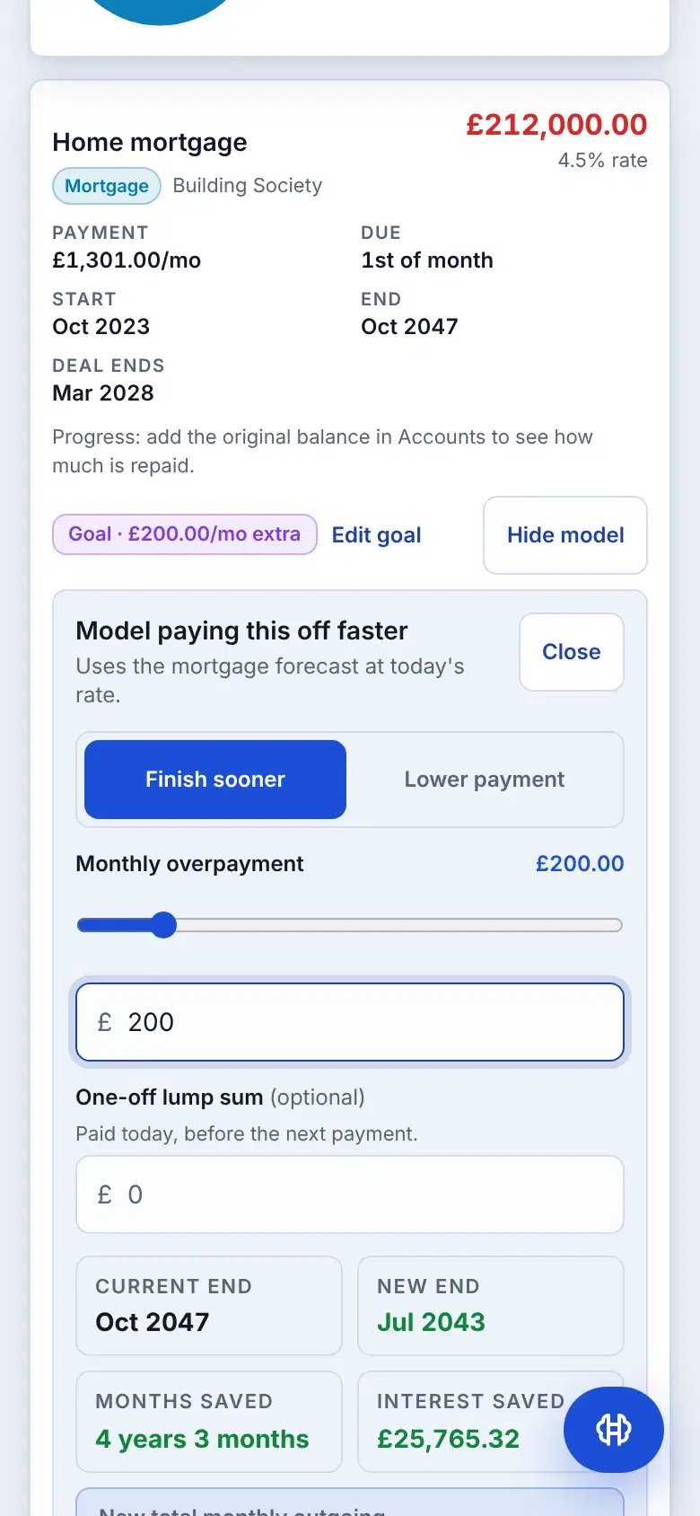 The Debt page pay-off model for the Home mortgage with a £200 a month overpayment: the new end date, the months saved and the interest saved.