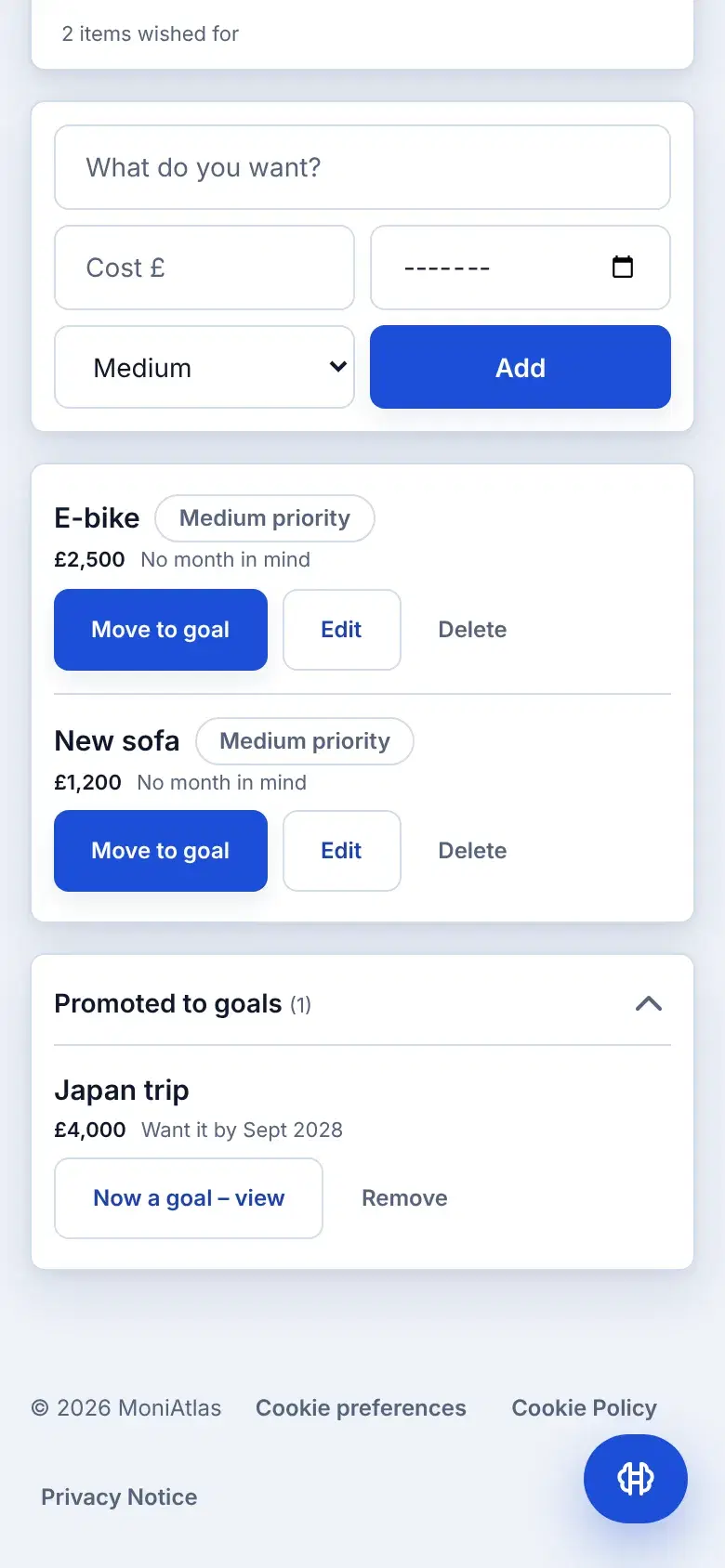 The Wishlist with an e-bike and a new sofa kept out of every forecast, and the Japan trip shown as promoted to a goal.